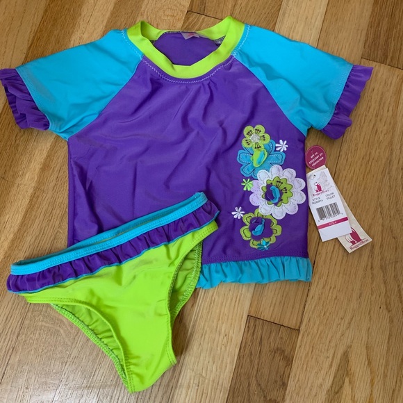 Girls two piece bathing suit with short sleeve top - Picture 1 of 5